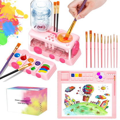 Velachuan Paint Brush Cleaning Kit for Kids with 5 Brushes, Art Smock, Washable Mat, Guidebook, Spiral Brush Cleaner Jar for Watercolor(Pink)