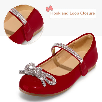 K KomForme Girl's Bow Mary Jane Dress Shoes Ballet Princess Flats with Rhinestone Strap for Party Wedding School, Toddler/Little Kid/Big Kid Red