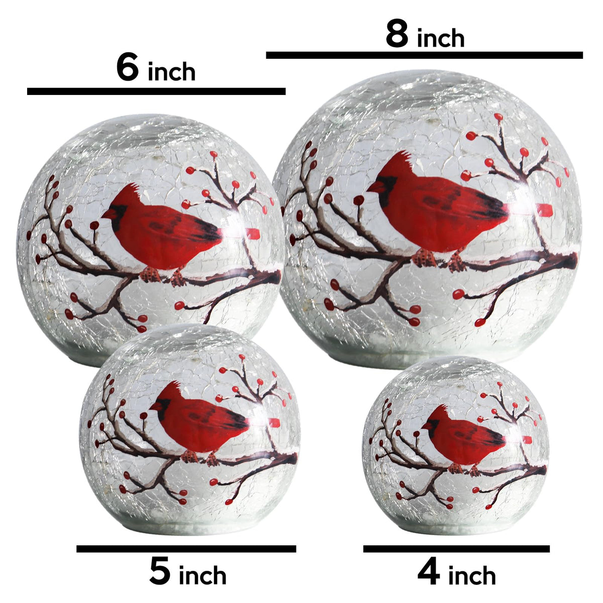 Large Crackle Glass Ball Cardinal Lamp - Light Up Red Bird Stained Christmas Decor Accent, Orb Night Light, LED Sphere Desk Table Lamp