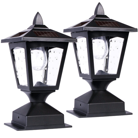 Melunar Solar Post Lights Outdoor, Solar Lamp Post Cap Lights, Waterproof Fence Post Solar Lights for Wood Fence Deck Patio Garden Outside Decorative, Fit on 4x4 Wood Posts, 15 Lumens, Black (2 Pack)