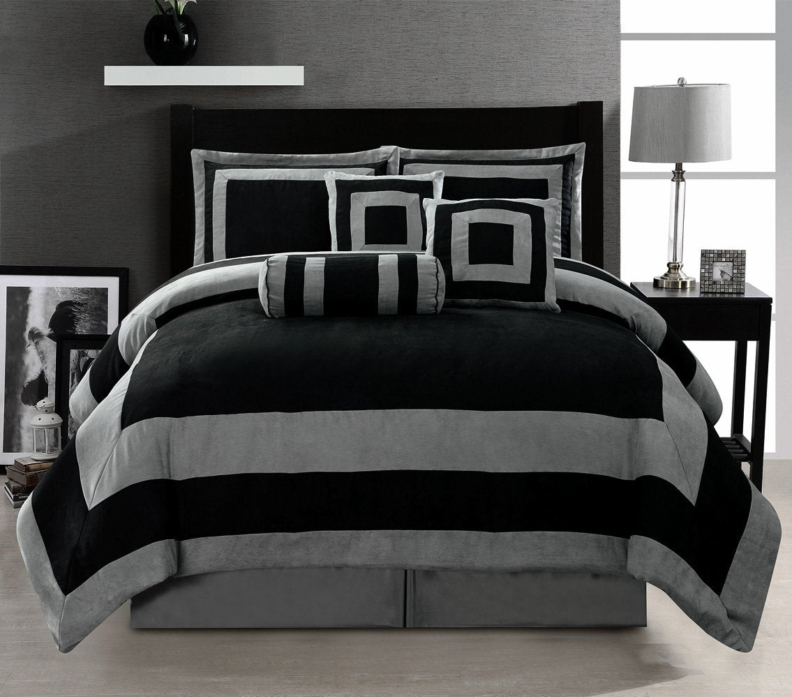 Grand Linen Oversize Black/Grey Comforter Set Micro Suede Patchwork Bed in A Bag King Size Bedding