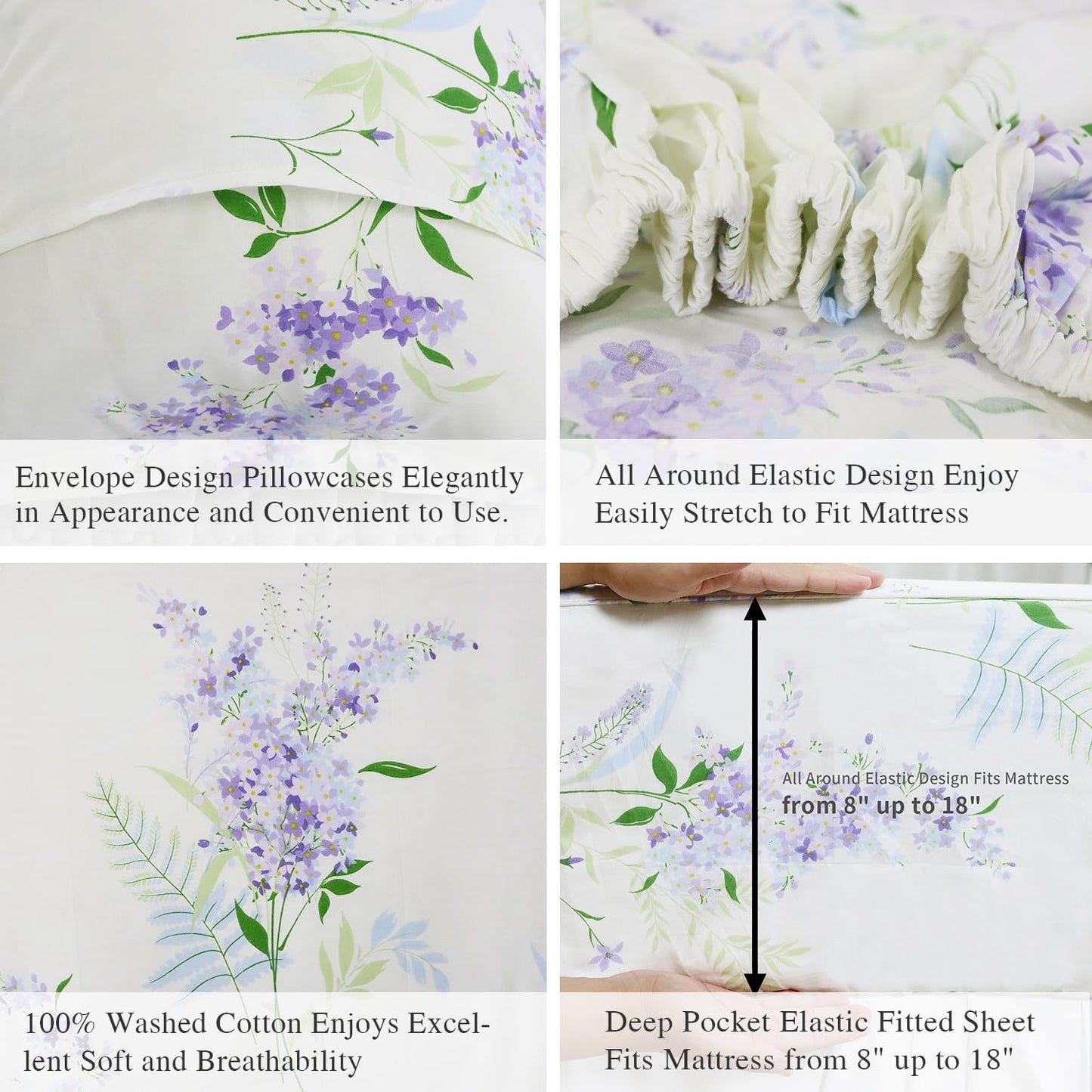 Helthep Floral Sheet Set King, Ultra-Soft and Breathable Cotton Sheet Set with Deep Pocket Fitted Sheet, Flat Sheet and Pillowcases, 4-Piece King Size