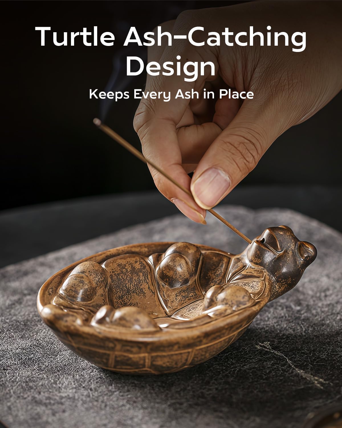 TEAVOR Smoking Turtle Incense Stick Holder - Funny Ceramic Incense Burner with Ash Catcher, Relaxing Desk Decor for Home & Office