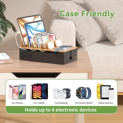 Pezin & Hulin Cord Organizer Box, Surge Protector Organizer, Device Charger Station for Phones & Tablets, Wood Charging Dock -with 6 Wire Cables, BUT NO Power Supply - Natural + Black