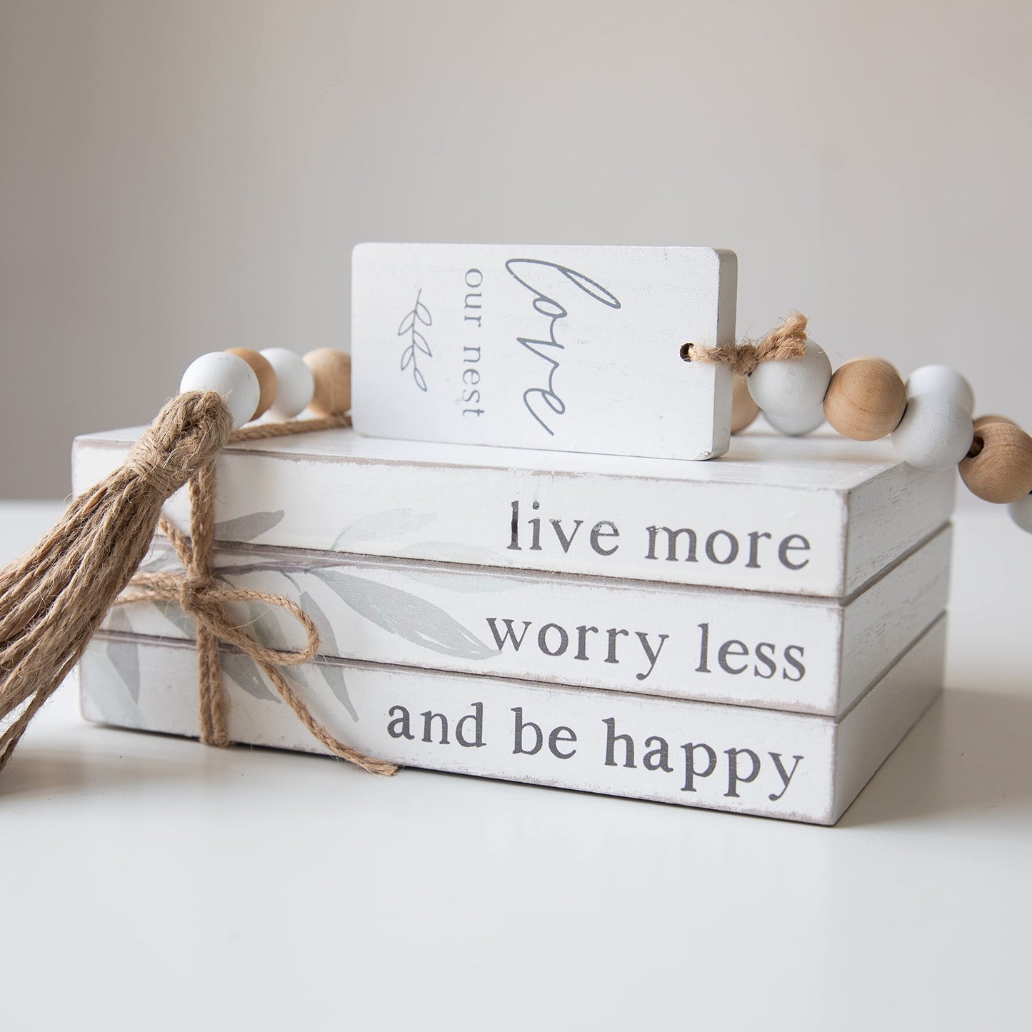 GENMOUS 4pcs White Decorative Books Set, Stacked Wood Faux Books with Wood Bead Tassels for Living Room and Shelf Display, Farmhouse Decor