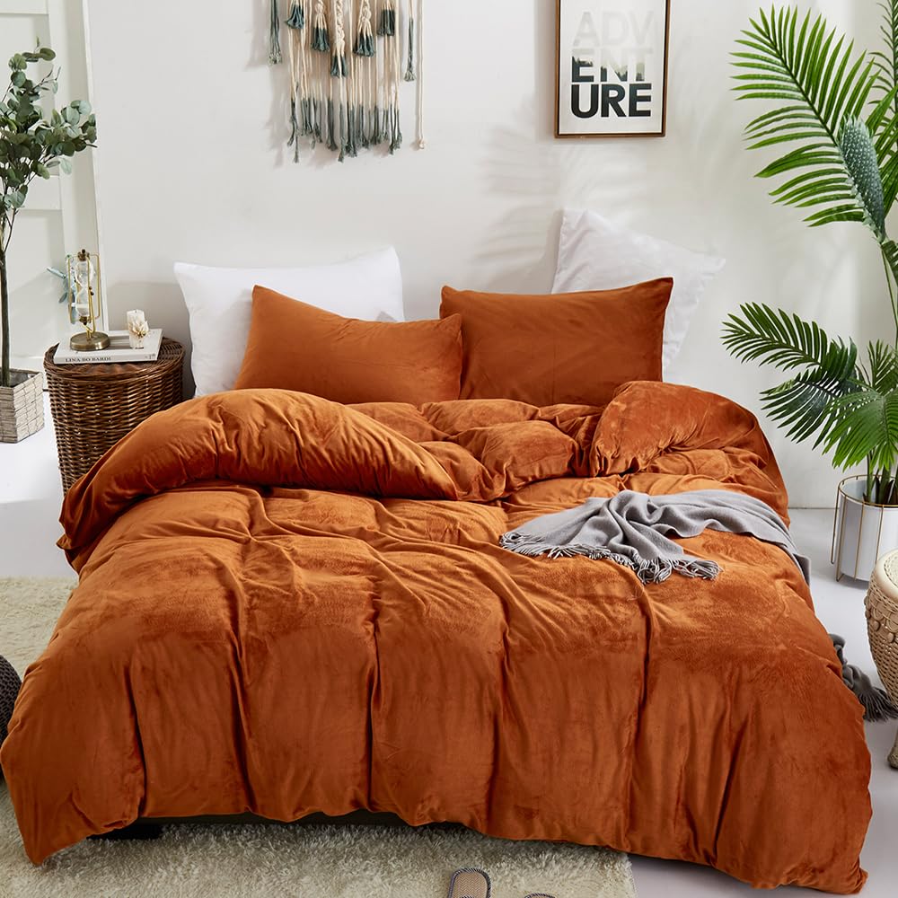 CLOTHKNOW Burnt Orange Velvet Duvet Cover Set Queen Fluffy Bedding Sets Flannel Bedding Duvet Cover Rust Comforter Cover Sets Queen