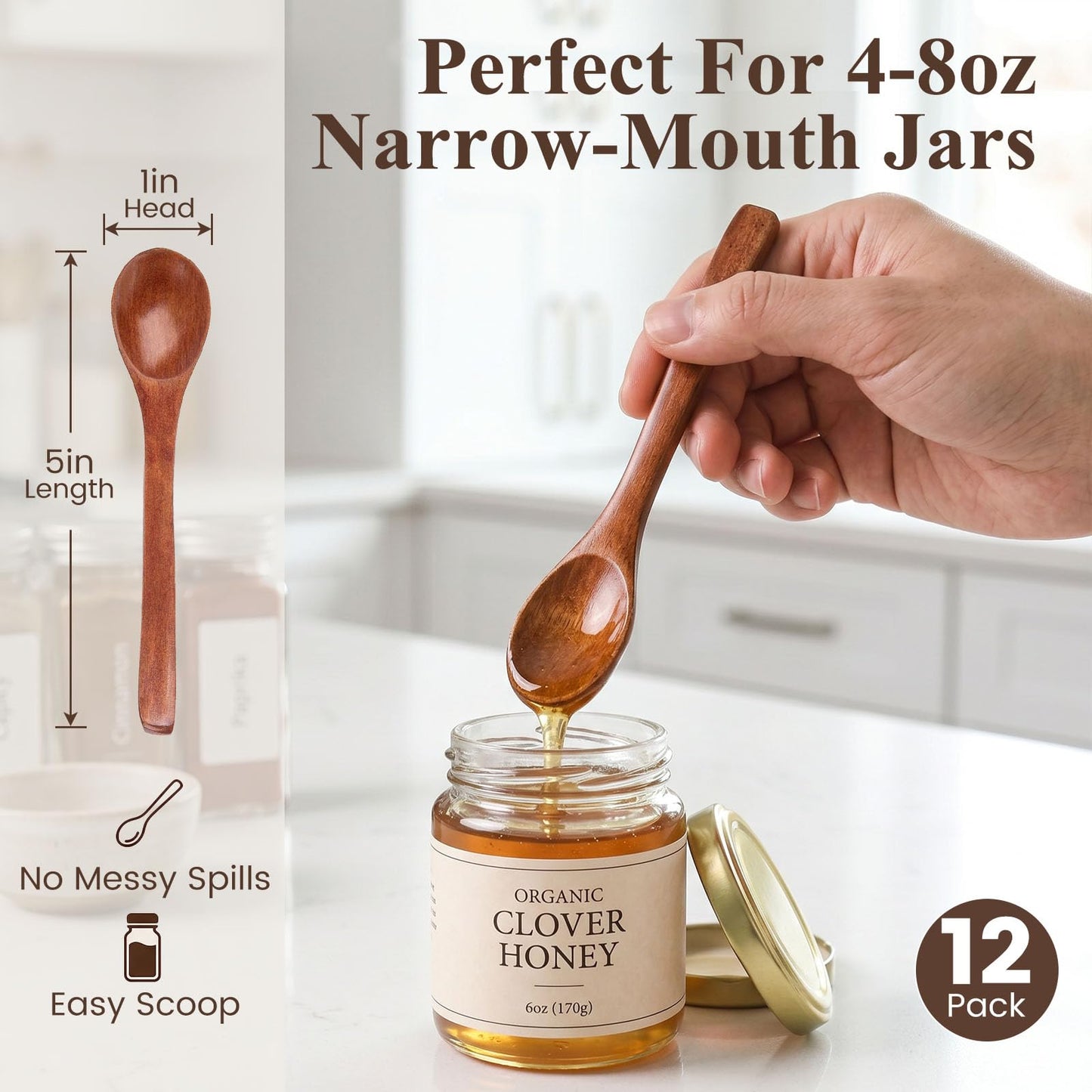 HANSGO 12PCS Small Wooden Spoons, 5 Inches Honey Spoon for Tea Coffee Jam Bath Sugar Salts Spices Condiment, Kitchen Stocking Stuffers (Dark Brown)