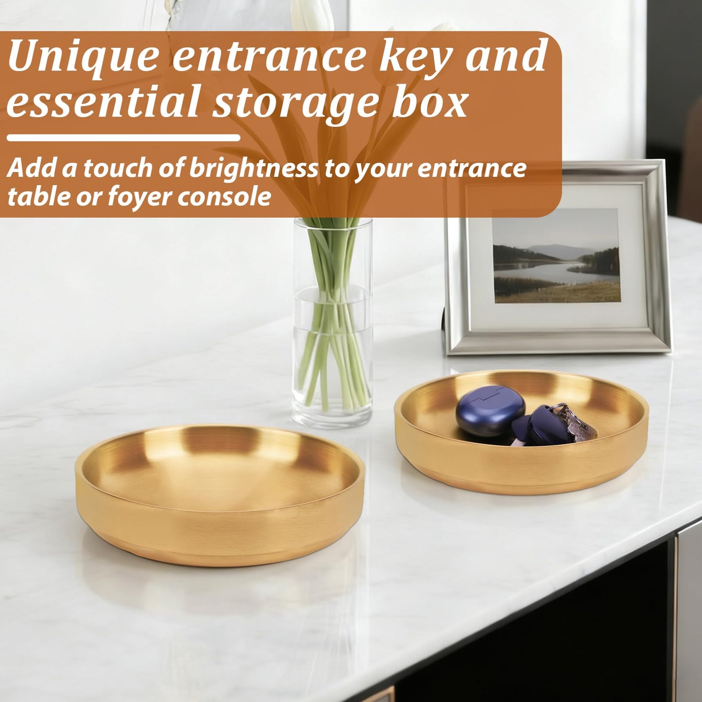 Key Bowl for Entryway-2 Pack Gold Table Decorative Key Dish for Organizing Tabletop Catch All Bowl Gold Fruit Bowls for Kitchen Counter, Coffee Table-Thick SUS 304 Stainless Steel 6.3"