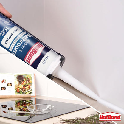 UniBond Anti-Mould White, Waterproof Mould Protection, Long-lasting White Silicone Sealant for Kitchen & Bathroom, Powerful Bath Sealant, 1 x 274g Cartridge