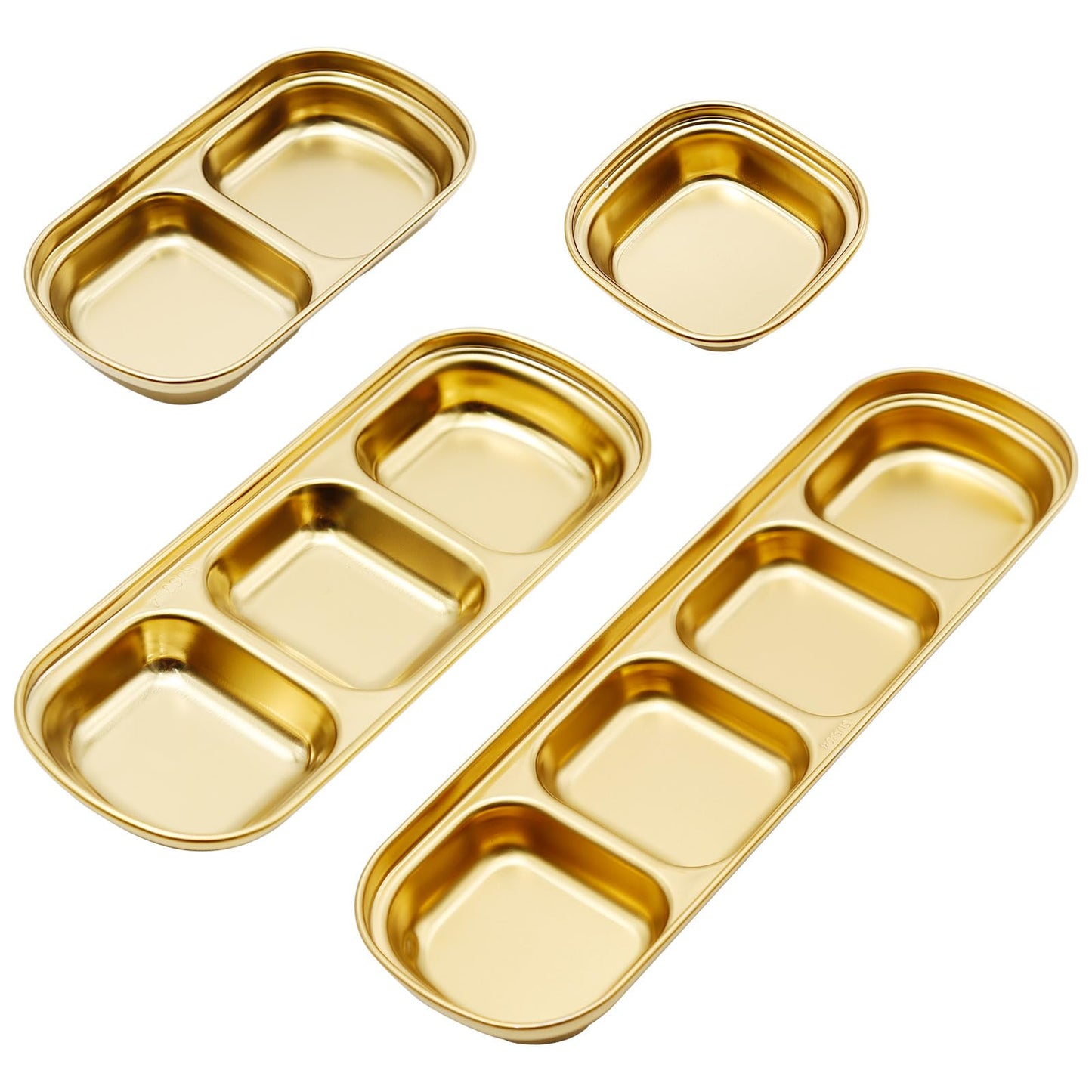 EATAKWARD 4 Pcs Stainless Steel Sauce Dish, Divided Dipping Plates, Divided Seasoning Sauce Dip Bowl, 1/2/3/4 Compartment Sauce Vinegar Seasoning Dishes, Vinegar Soy Spice Condiment Tray for Home