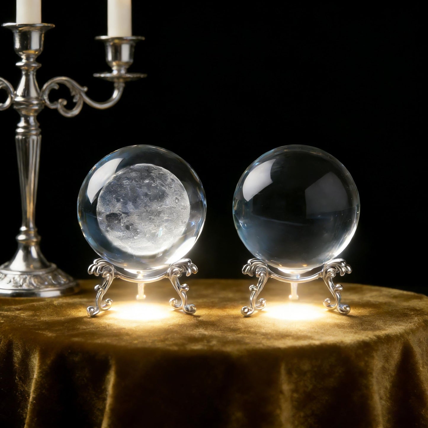 vskikris 2pcs Crystal Balls and 2 Silver Stands - 1 Clear and 1 3D Laser Moon Crystal Ball Paper Weights Collectible Figurines Gifts Photography Prop Home & Party Decor