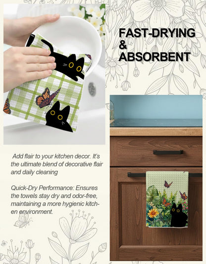 Ilexon Kitchen Towels Set of 2 - Cute Design 18×26 Inch Dish Towels Black Cats Quick Dry Hand Towels Soft & Absorbent, Home Decorative, Terry Cloth Tea Towels (Black Cat)