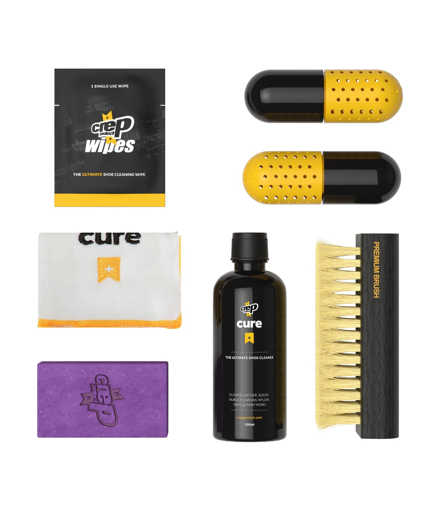 Crep Protect Shoe Care Box Pack - Premium Sneaker Cleaning Kit with 6 x Sneaker Wipes, 2 x Shoe freshener Pill, Sneaker Eraser, 100ml Cleaning Solution, Microfibre Cloth & Shoe Brush