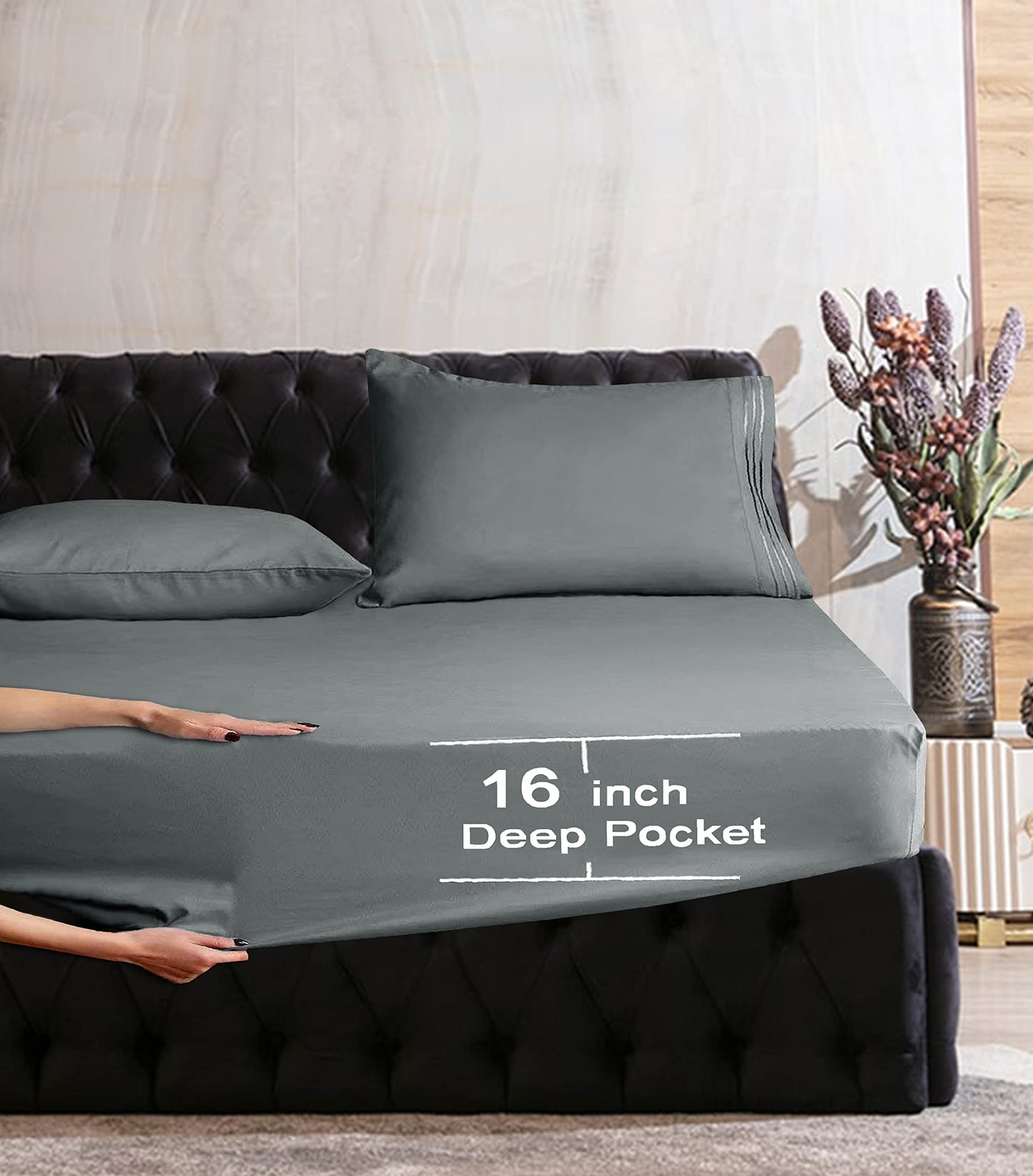 Elegant Comfort Luxurious Wrinkle Resistant 1500 Thread Count Egyptian Quality 1-Piece Fitted Sheet All Around Elastic -Deep Pocket- Ultra Soft Bottom Fitted Sheet, King, Gray