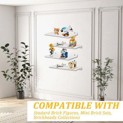 4 Pack Display Shelves for Building Bricks, Display Case Compatible with Brick Building Baseplate, Metal Floating Magnetic Display Cabinet Wall Mounted, Works with Major Building Blocks (4-White)
