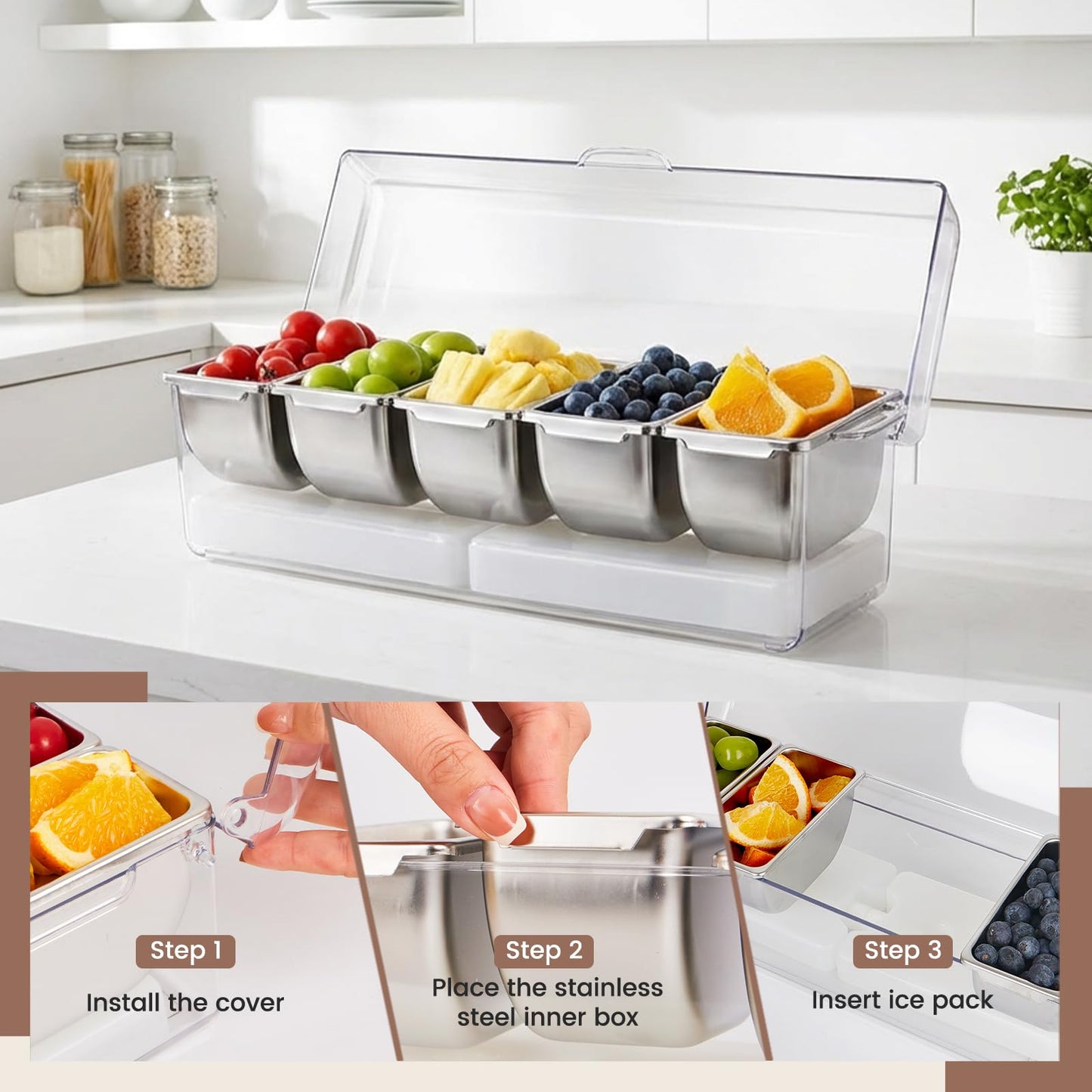 Mavolico Chilled Condiment Caddy with 5 Removable Stainless Steel Compartments, Includes Portable Insulated Tote Bag and 2 Ice Packs, Serving Tray for Picnic, Outdoor, Party and Travel