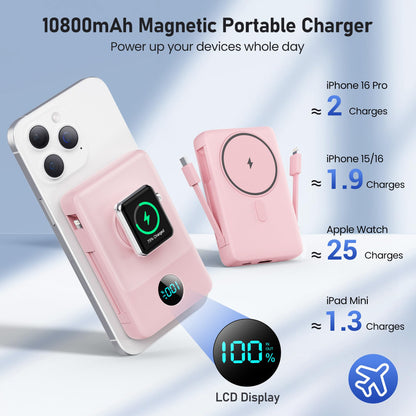 Magnetic Portable Charger for iPhone with Built-in Cables, 6-in-1 10800mAh Power Bank with iWatch Charger & LCD Display,25W PD Fast Charging Battery Pack for Magsafe,iPhone 16/15/14/13/12,Apple Watch
