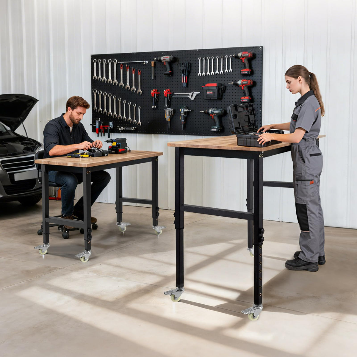 VEVOR Adjustable Workbench on Wheels, 1500 lbs Capacity, 48 x 24 Inch Oak Wood Top Workbench with 28.5-42.3 Inch Height Adjustment, Heavy-Duty Hardwood Worktable for Garage, Workshop, Home, Office