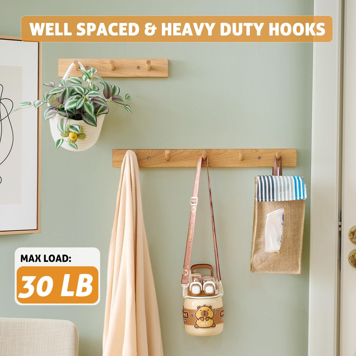 Wall Mounted Coat Rack 16 inches, Hickory Wood Wall Coat Hooks with 4 Hooks, Wooden Coat Hanger for Hanging Clothes Robes Towels Hats, Natural