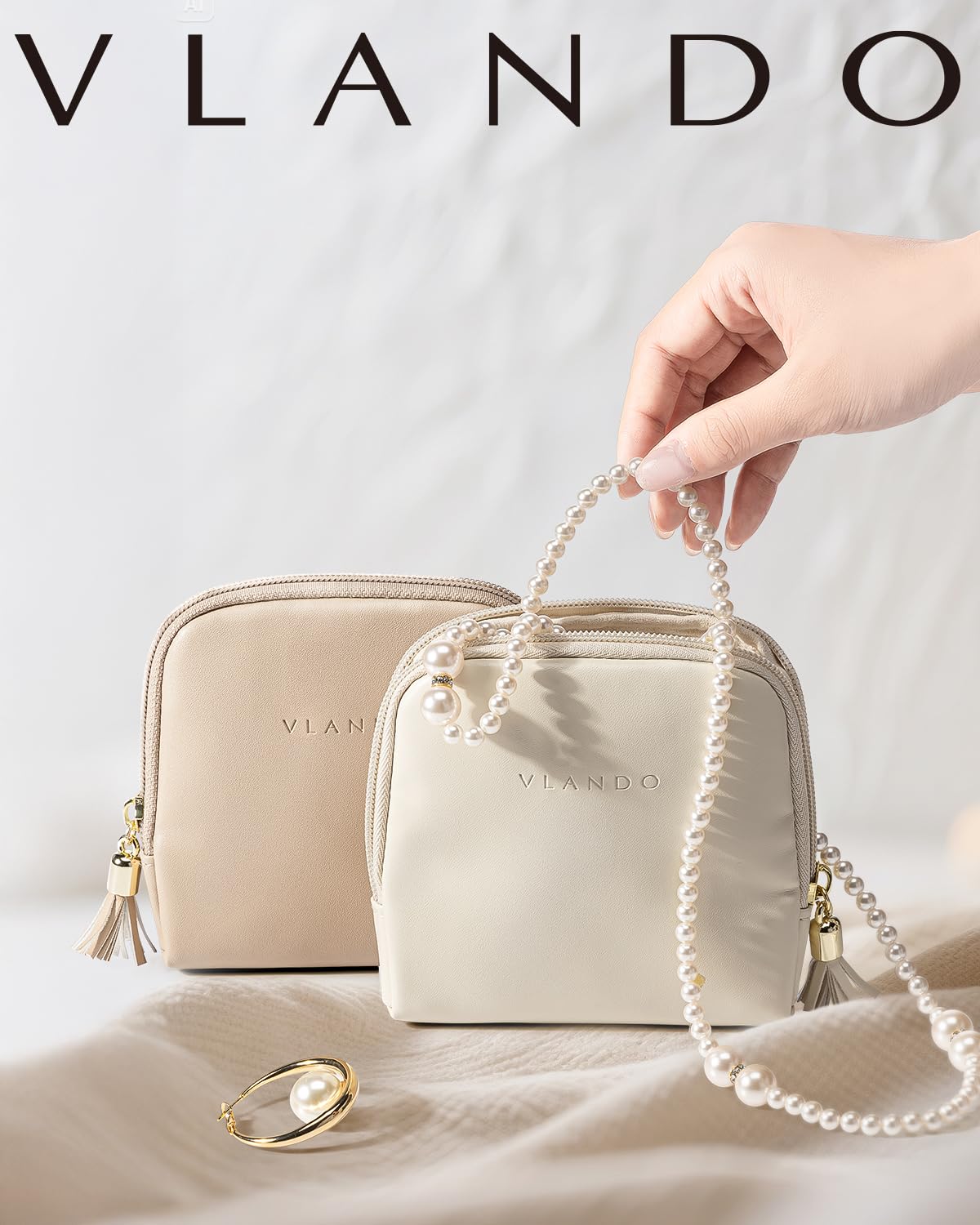 VLANDO Small Travel Jewelry Case,Mothers Day Gifts,Jewelry Pouch Bags with Zipper,Velvet Jewelry Organizer Storage Bag for Bracelet Rings Earring-Cream White