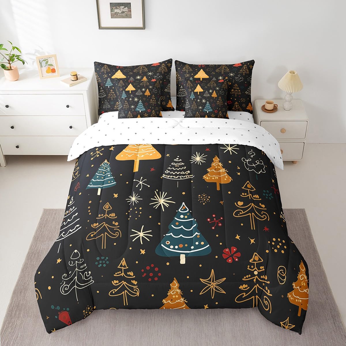 Erosebridal Christmas Theme Bedding Full Size 7Pcs for Kids Boys Girls Xmas Tree Comforter Set,Glitter Stars Bed in A Bag Black Comforter Set with Sheets,Cartoon Hand Drawn Bed Set for All Seasons
