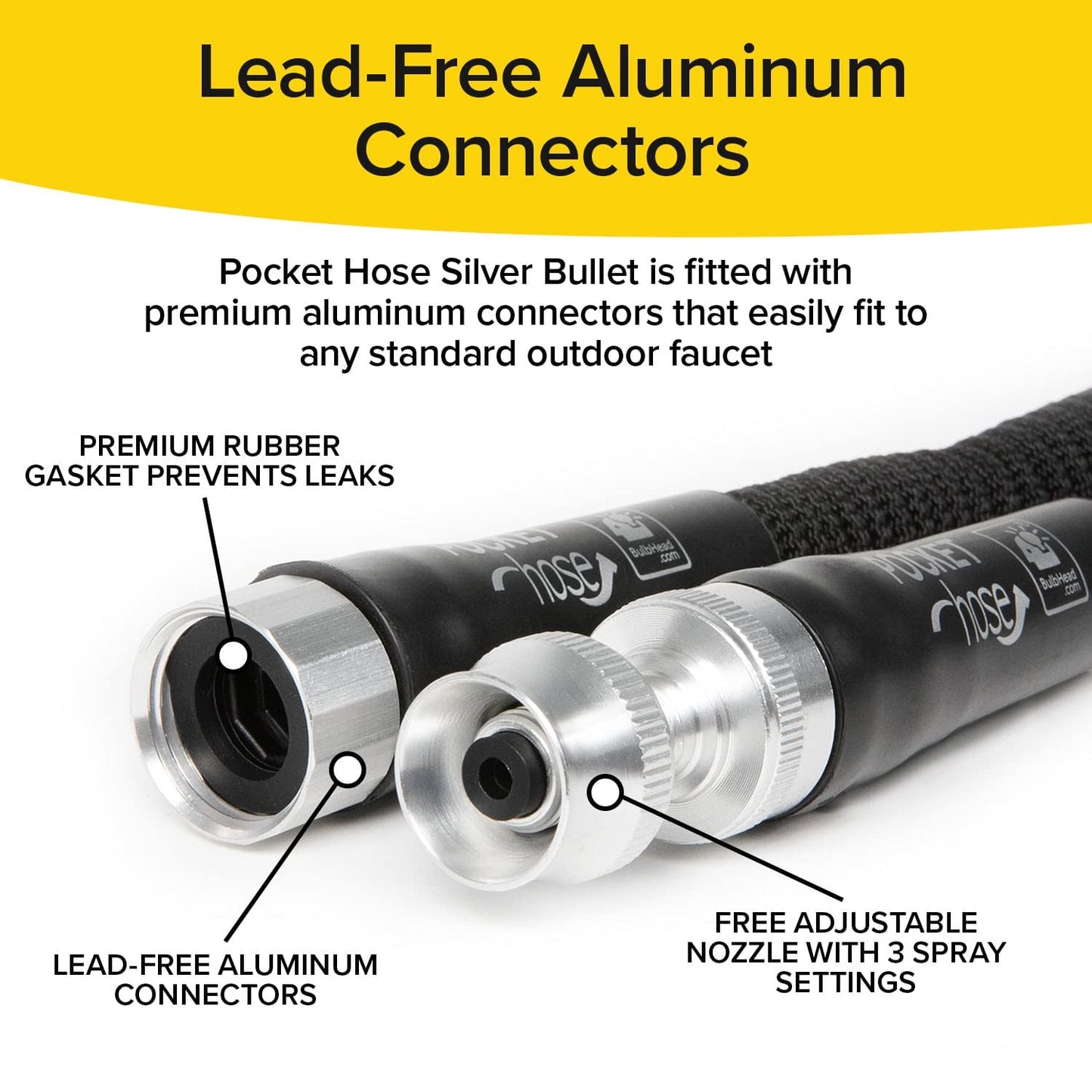 Pocket Hose Silver Bullet 100 ft Turbo Shot Nozzle Multiple Spray Patterns Expandable Garden Hose 3/4 in Solid Aluminum Fittings Lead-Free Lightweight and No-Kink, Black