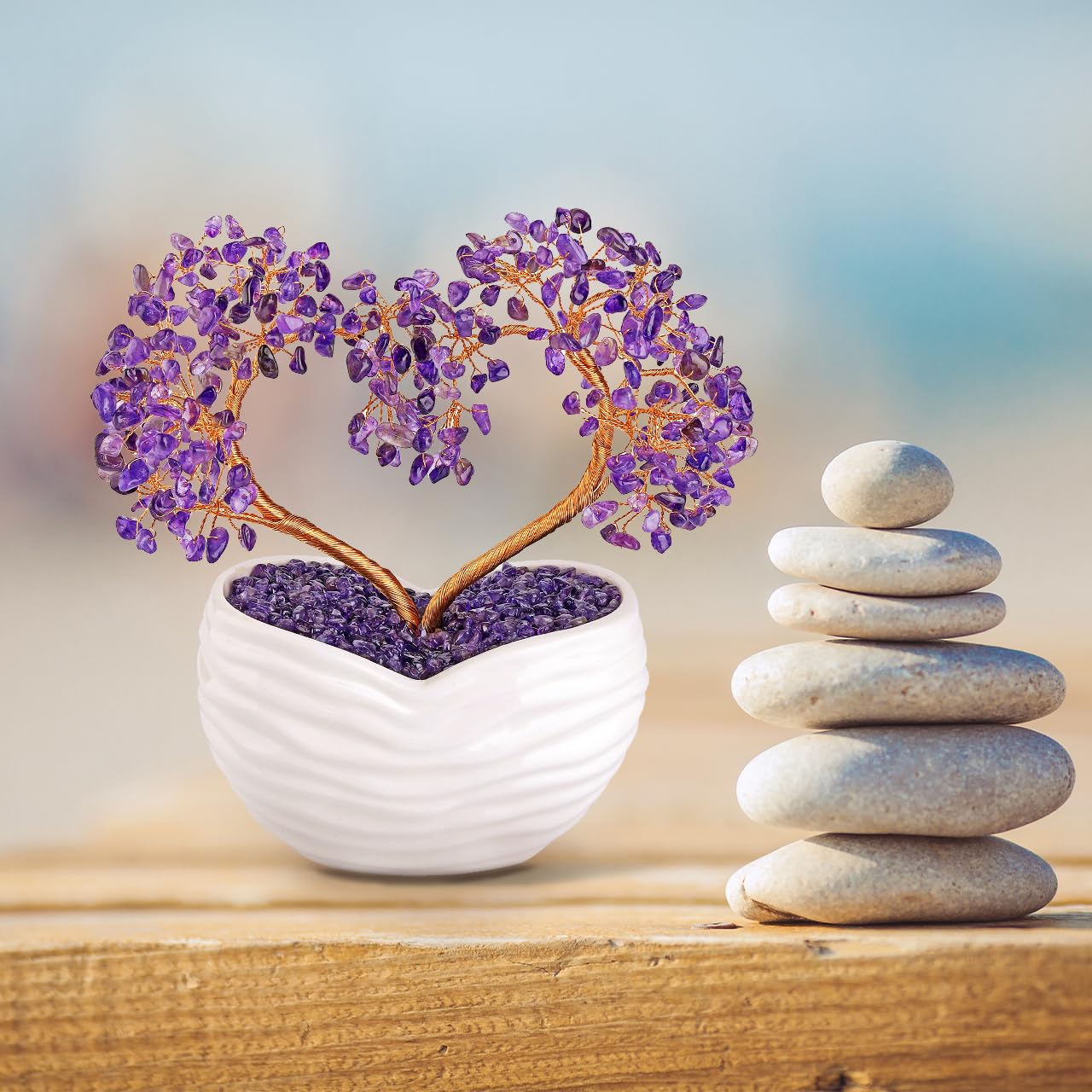 GEHECRST Amethyst Crystals Heart Money Tree Reiki Healing Gemstones Quartz Bonsai Tree Feng Shui Crystal Ornament for Home Desk Decoration Love Heart Crystal Gifts for Mom Christmas Day Her Women