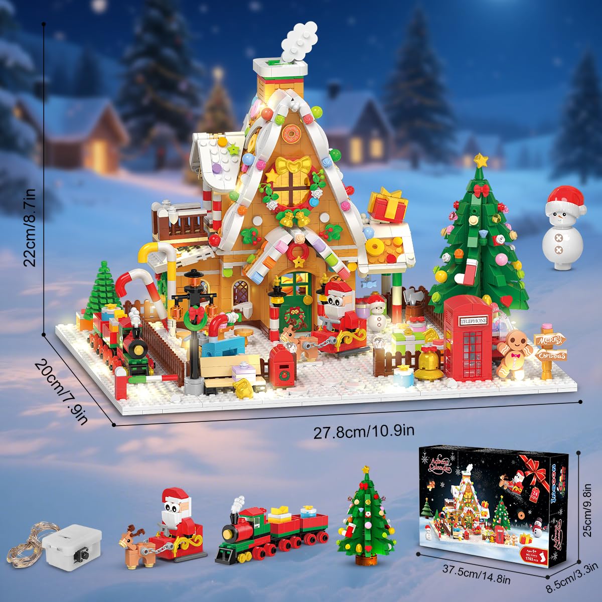 INSOON Advent Calendar 2025 Gingerbread House Mini Building Set with Lights, 24 Days Christmas Countdown Building Block Kit with Xmas Tree Train, Holiday Gift Toy for Adults Teens Girls Boys Ages 10+