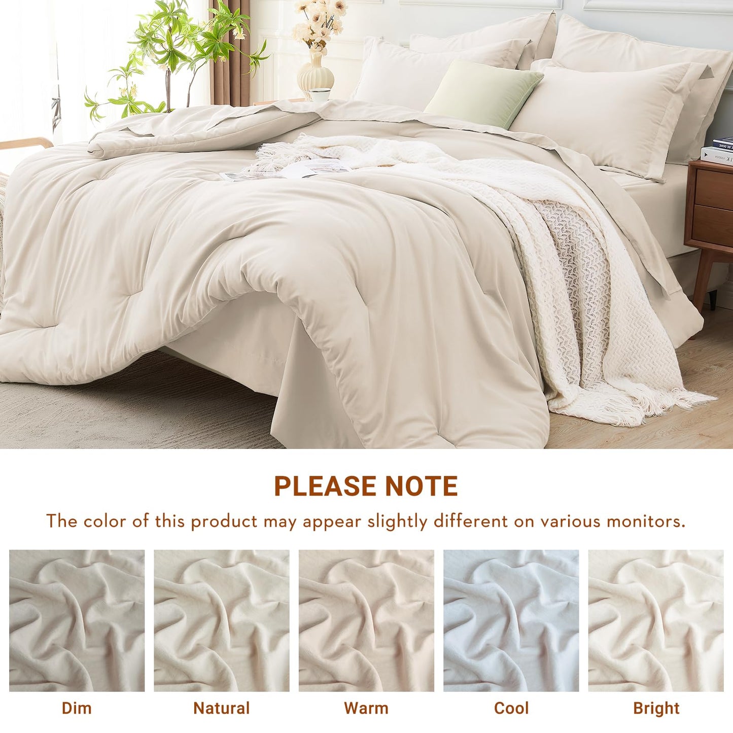 MUXHOMO 7 Pieces Full Comforter Set, Soft Bed in a Bag Full Size, All Season Bedding Set with Comforter, Flat Sheet, Fitted Sheet, Pillowcases & Shams, Beige