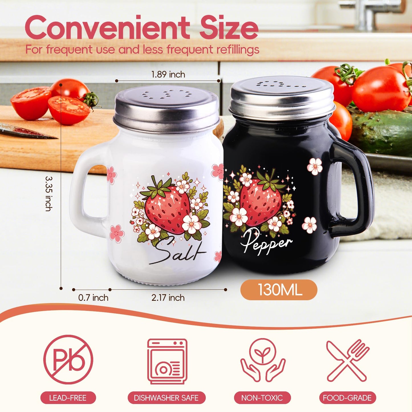 2 Salt And Pepper Shakers，Strawberry Cute Fun Salt And Pepper Shakers Set，Cute Salt Shakers For Kitchen Decor，Black And White Salt And Pepper Shakers With Stainless Steel Lids