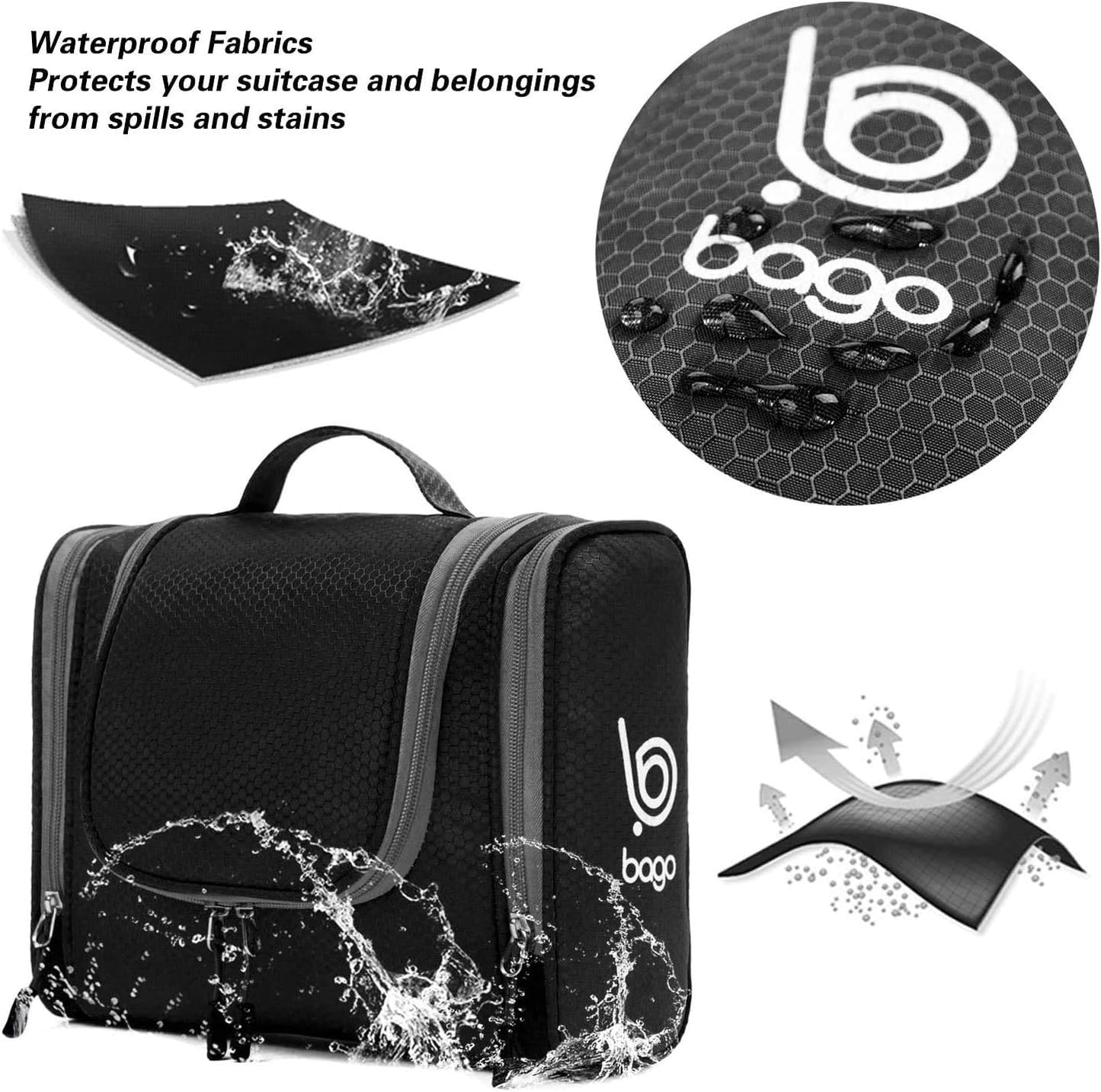 Bago Travel Hanging Toiletry Wash Bag - Large Waterproof Organizer for Women and Men - Cosmetic Essentials (Black)