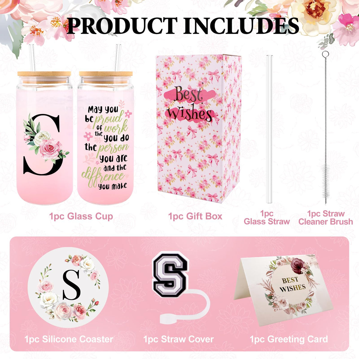 WINOWIMO Initial Glass Cups with Lids and Straws, Personalized Gifts for Women, Iced Coffee Cup Glass Tumbler, Birthday Bridesmaid Proposal Inspirational Customized Gifts for Her Girls (S)