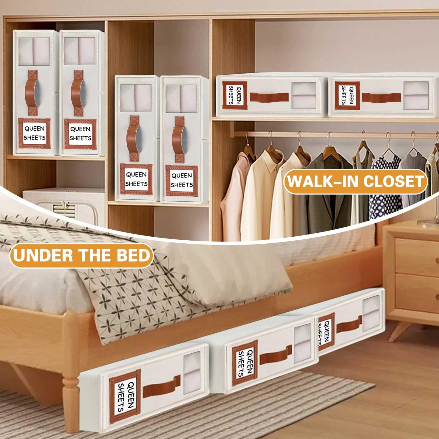 GhvyenntteS Bed Sheet Organizers and Storage 4 Pack (Queen & King Size), Foldable Sheet Organizers and Storage with Window and Label, Bed Sheet Organizer with Leather Handle, Beige