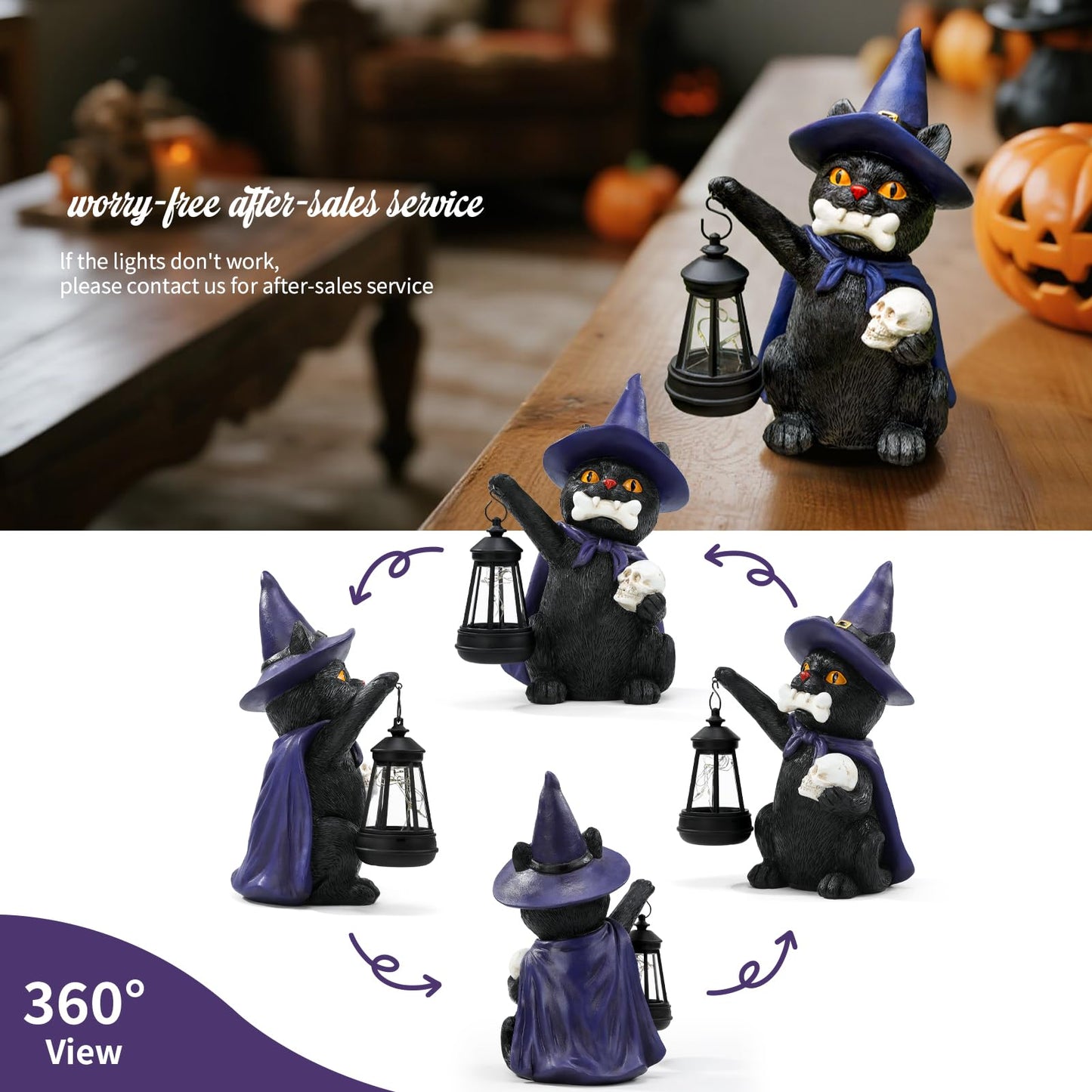 WONDHOME Halloween Black Cat Decor Spooky Solar Cat Garden Statues Holding Skull with LED Lantern Halloween Outdoor Decorations for Porch Patio Yard Lawn Holiday Gardening Gifts for Women