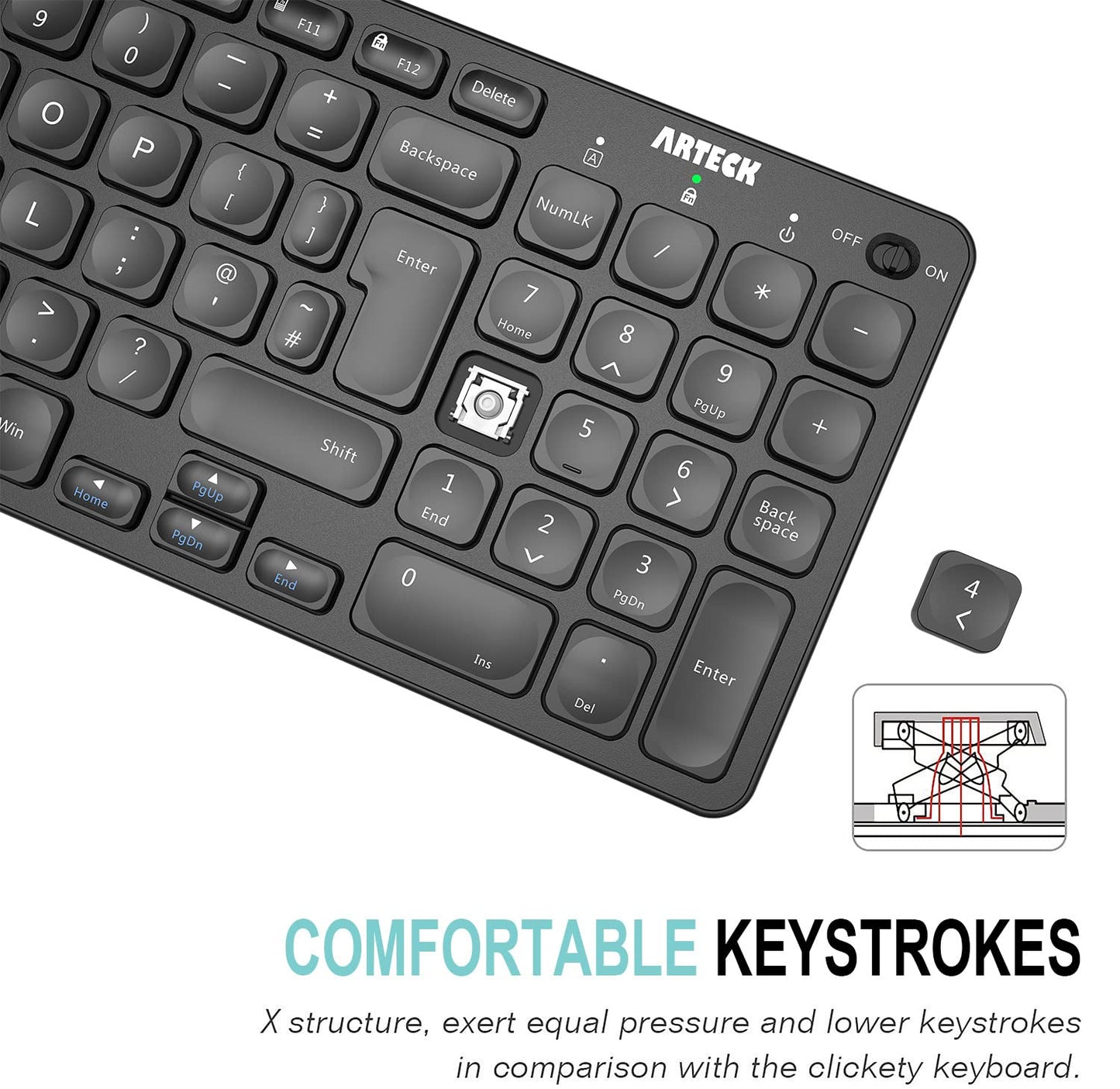 Arteck HW305-2 2.4G Wireless Keyboard Ultra Slim Full Size Keyboard with Numeric Keypad and Media Hotkey for Computer/Desktop/PC/Laptop/Surface/Smart TV and Windows 11/10 Built-in Rechargeable Battery