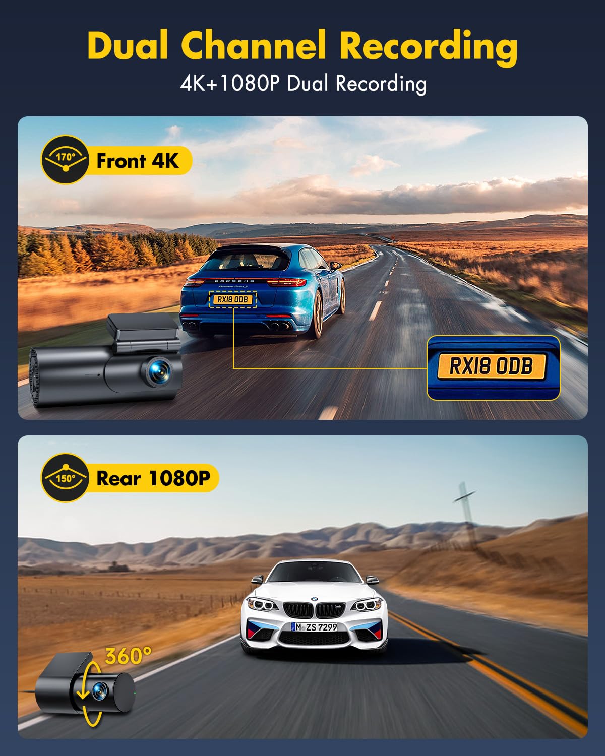 GKU 4K Dash Cam Front and Rear, 5GHz WiFi Dashcam with 64GB SD Card, Dual Car Camera Dash Cam with Parking Monitor, Night Vision, WDR, 170° Wide Angle, G-Sensor, Loop Recording, APP Control, Max 256GB