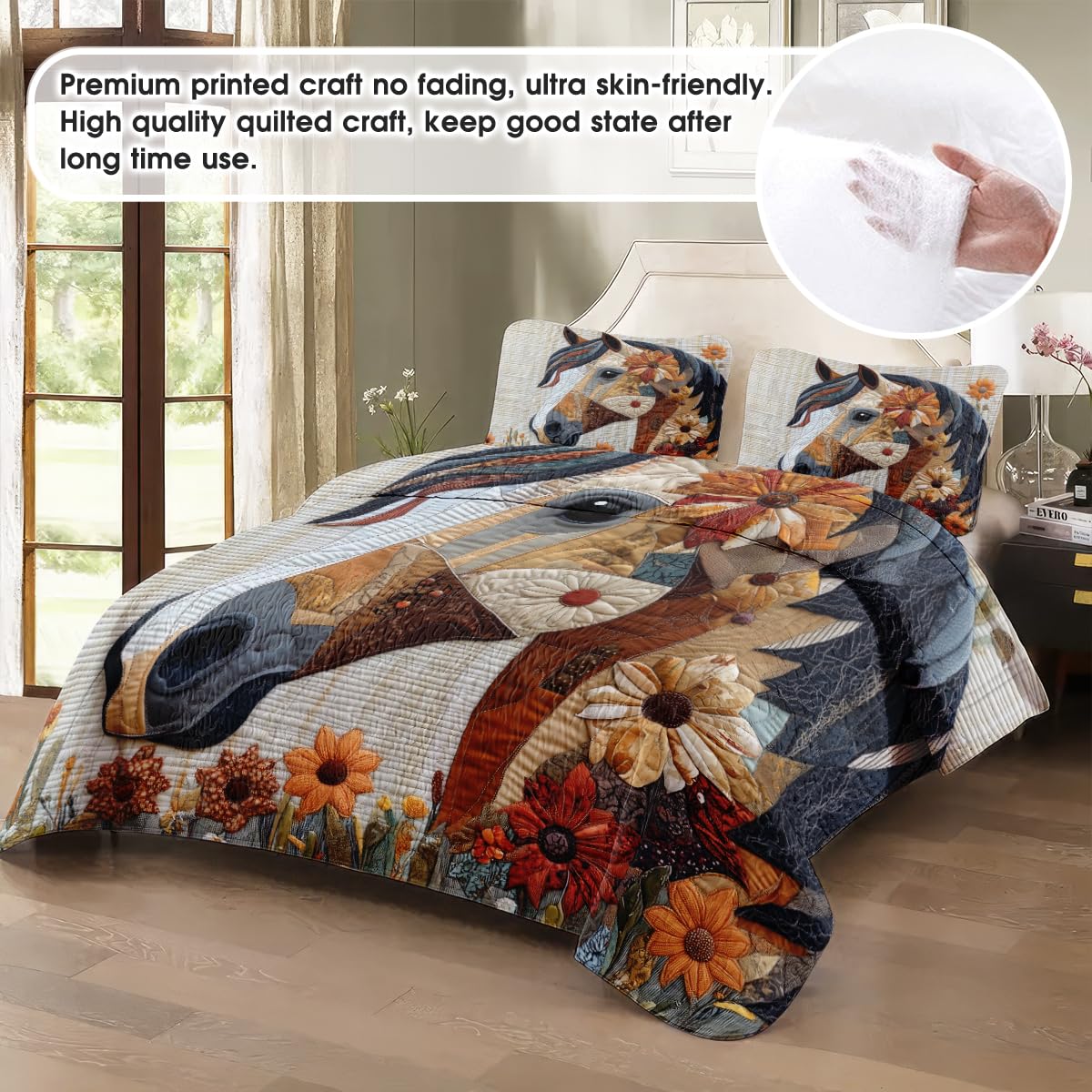 LUSHIS Patchwork Quilt Set, Patchwork Throw Bedspread Bed Sets - Animals Coverlet Sets All Season Soft Microfiber Lightweight Bedding Set (Horse)
