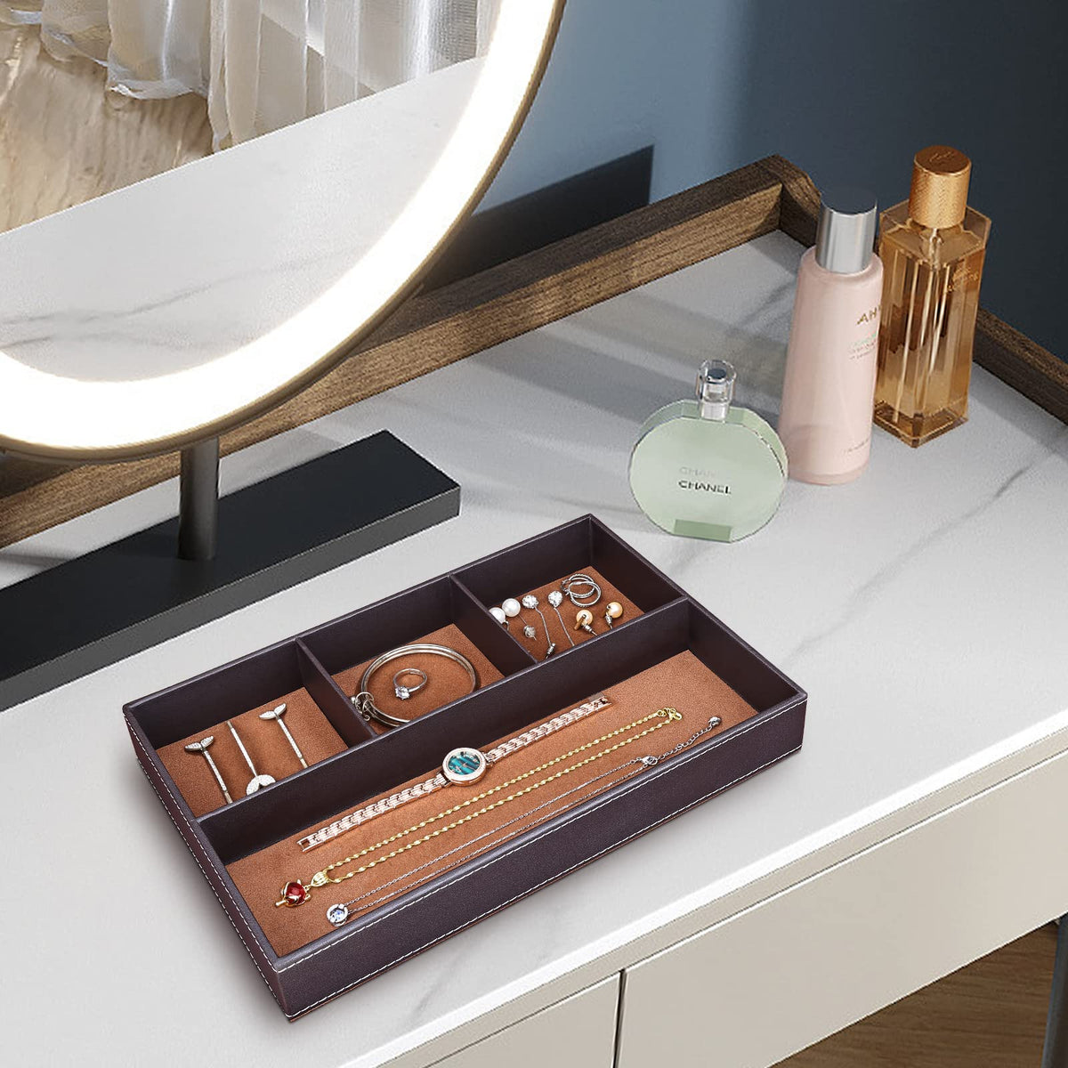 GORESE Faux Leather Valet Tray for Men, Stackable Jewelry Organizer for Drawers Inserts, Nightstand Caddy Tray for Key, Wallet, Sunglass, Watch, Coin, Phone, Bedside Desktop Storage Brown