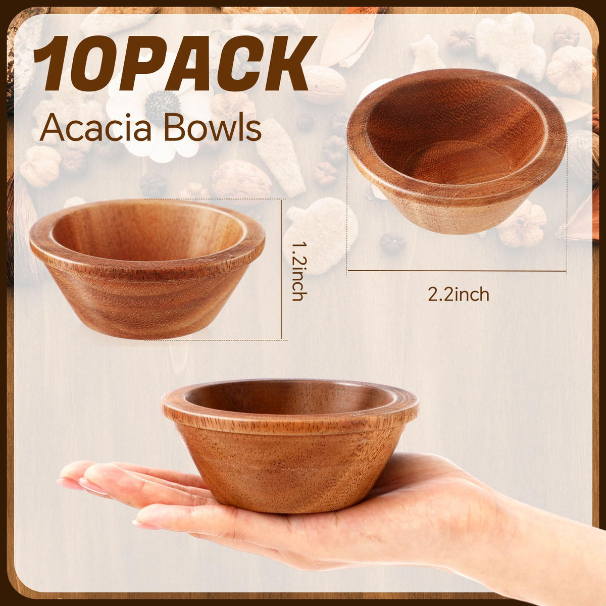 Honeydak 10 Pcs Acacia Wooden Bowls Small Calabash Bowls 4 Inch Round Wood Salad Hand Carved Calabash Dip Tray for Serving Appetizers Dips Sauce Popcorn Candy Nuts Thanksgiving Supplies Home