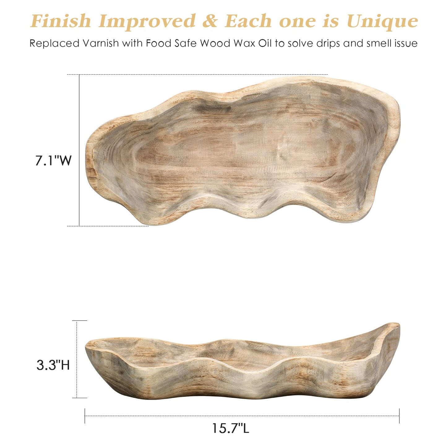 Wavy Live Edge Wooden Dough Bowl for Decor 16"L Medium Natural Root Wood Hand Carved Decorative Wooden Farmhouse Fruit Bowl Handmade, Home Decoration Centerpiece, Table Display Bowl