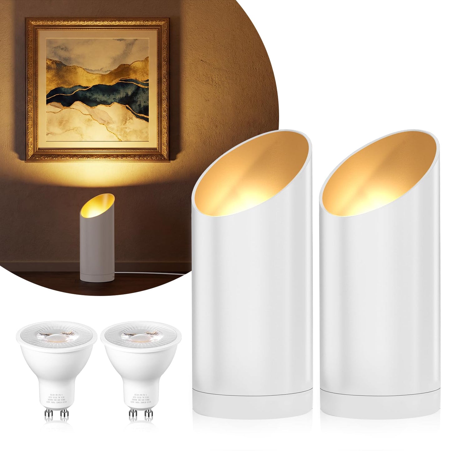 Ribgwo 2 Pack Uplighting Indoor Floor Can Lights,7W LED Up Lights with 3000K GU10 Bulbs, Spot Lights with 5.9 FT Plug Cord & Foot Switch,Ideal for Indoor Corners, Sofas, Plants, and Wall Art
