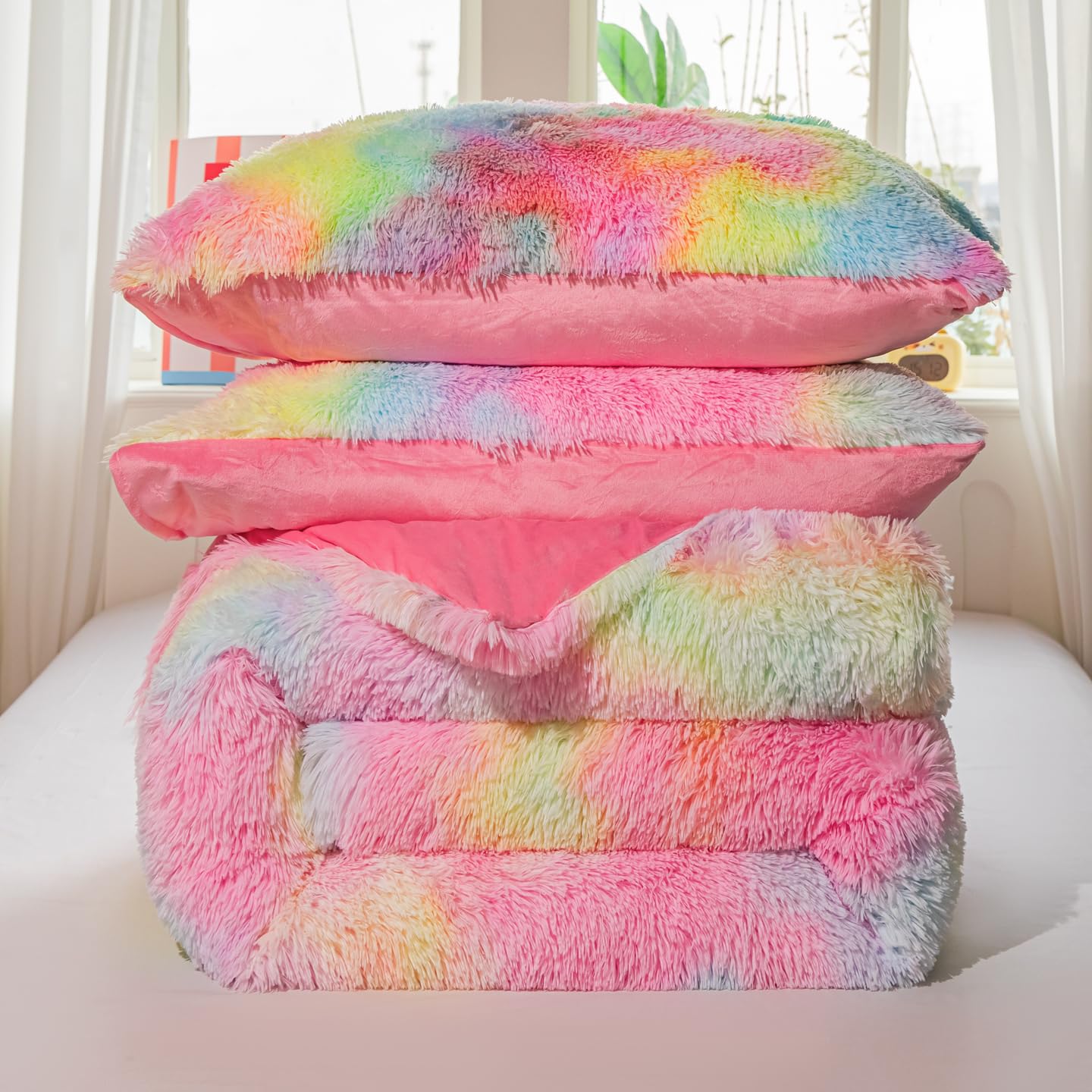 Roscloud Faux Fur Kids Girls Rainbow Comforter Sets Twin/Full - 3PC Bed Set Warm Comfortable Soft Plush Flannel Velvet Fluffy Fuzzy Bedding（Comforter x 1 Pillowcases x 2）