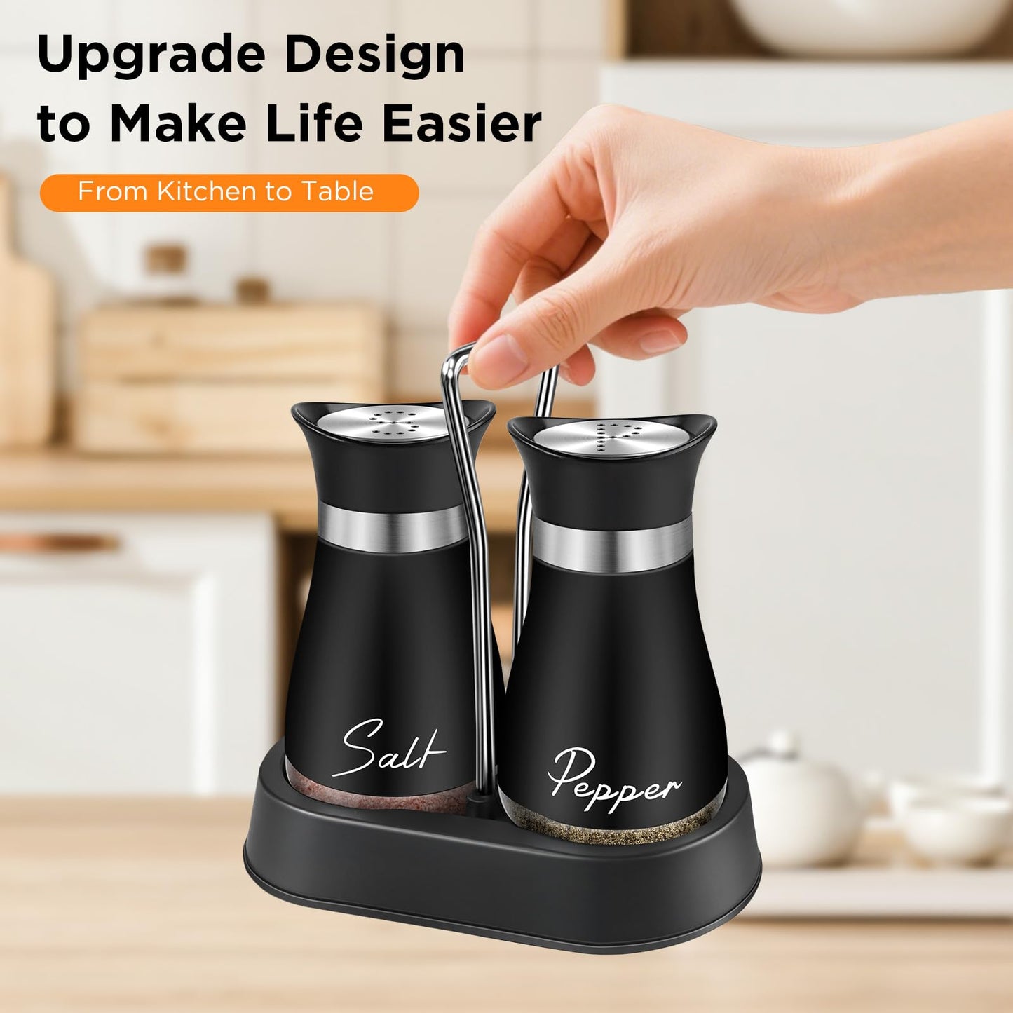 Salt and Pepper Shakers, Farmhouse Salt and Pepper Shakers Set with Holder, electroplated Handle, 4 oz Stainless Steel Glass Bottle Dispenser, for Table, RV, Camp, BBQ (Black)