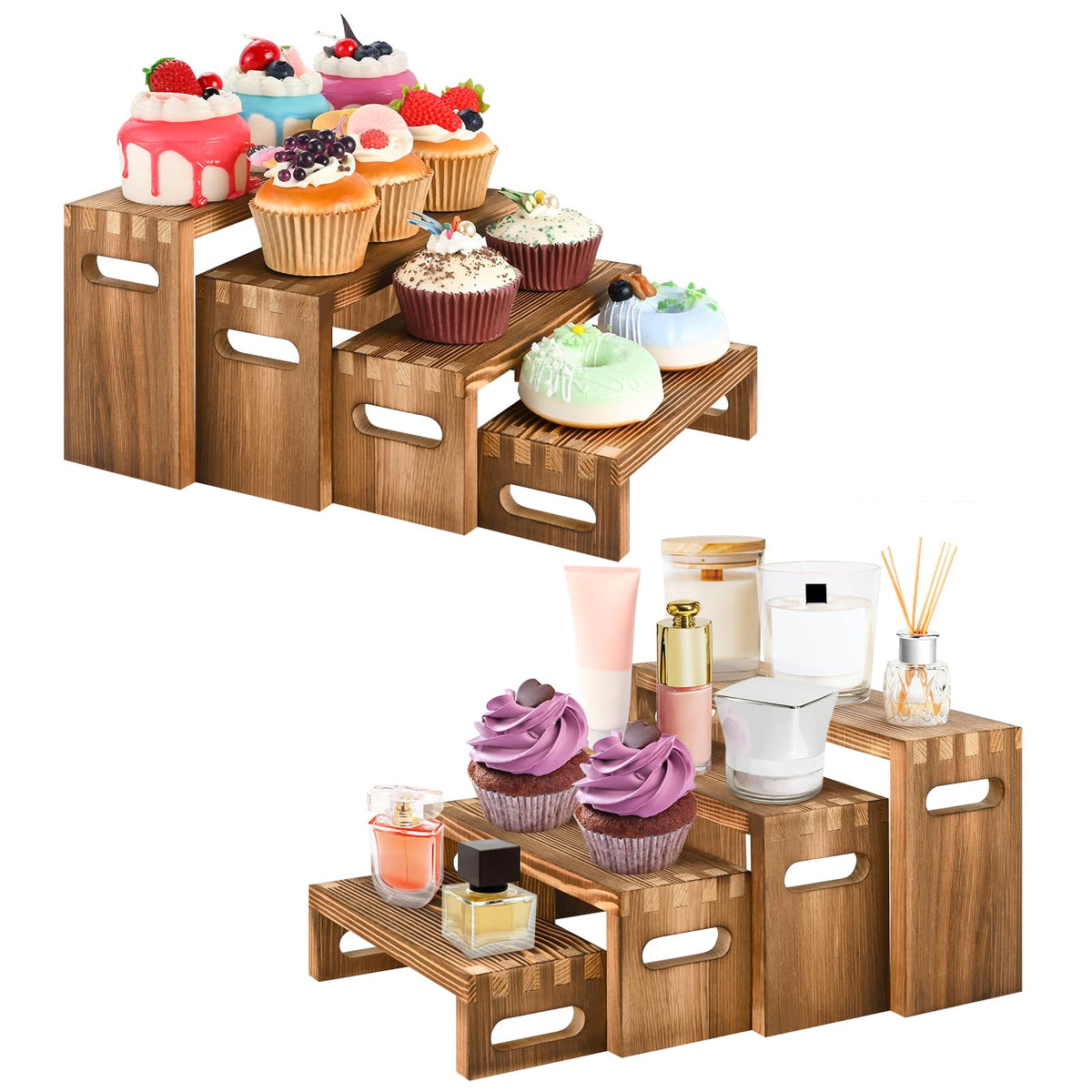 Luqvzxv 8 Pcs Wood Risers Display Stands, 2 Set Wooden Risers for Table Display, 4 Tier Rectangular Riser Display Stand Wooden for Cupcake, Desserts, Perfume, Collections, Jewelry Showcase