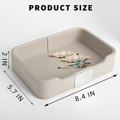 SANZIE Luxury Leather Tray Desktop Storage Catchall Organizer Decorative Tray for Entryway Table to Hold Jewelry Watch Keys Phone Wallet (Metal Silvered, Grey)