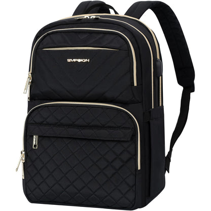 EMPSIGN Womens Backpack Laptop Backpack for Women with USB Charging Port, 15.6 Inch Travel Water Resistant Quilted Backpack, High-Capacity 30L Work Business Computer Backpack, Black
