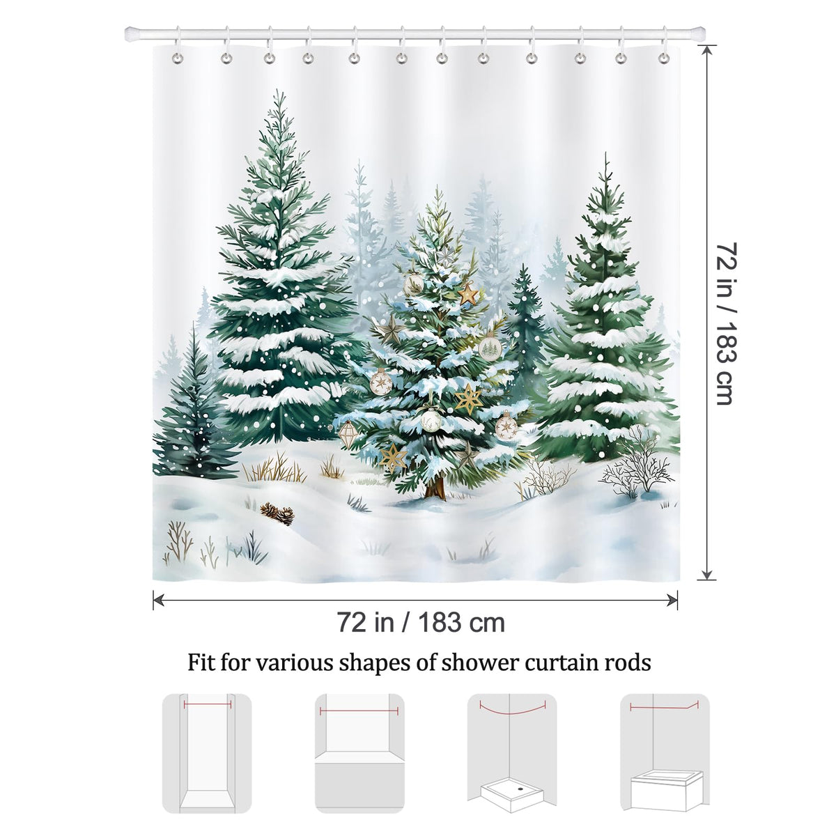 Bonhause Winter Christmas Shower Curtain, Snowy Forest Pine Tree Snow Landscape Bathroom Decor 72 x 72 Inch Polyester Fabric Waterproof Bath Curtain with 12 Hooks