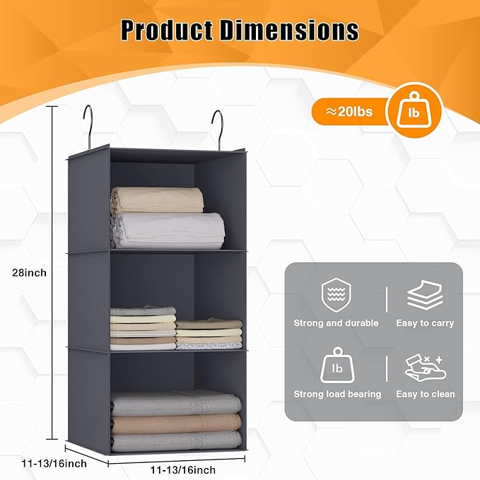 Hanging Closet Organizer and Storage 3-Shelf, Easy Mount Foldable Hanging