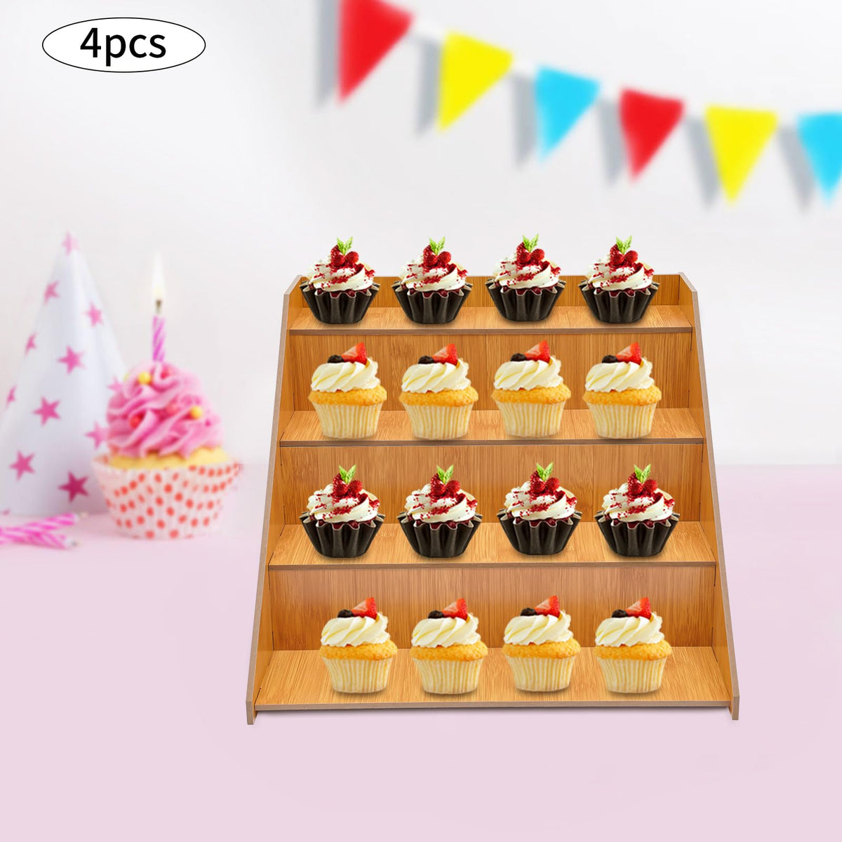 CTYSZZA 4Pcs 4-Tier Cupcake Stand , Wooden Display Stand, Tiered Retail Display Rack Market Craft Fair Display Rack Candle Soap Display Stand for Home Party Store