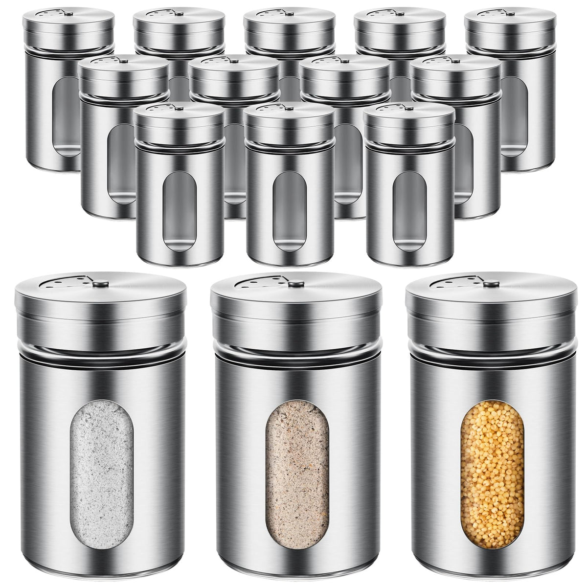 Dandat 12 Pcs Salt and Pepper Shakers Stainless Steel Spice Shakers with Adjustable Pour Holes and Glass Window 3.4oz Salt Dispenser Spice Jars with Rotating Lids for Sugar Seasoning Home